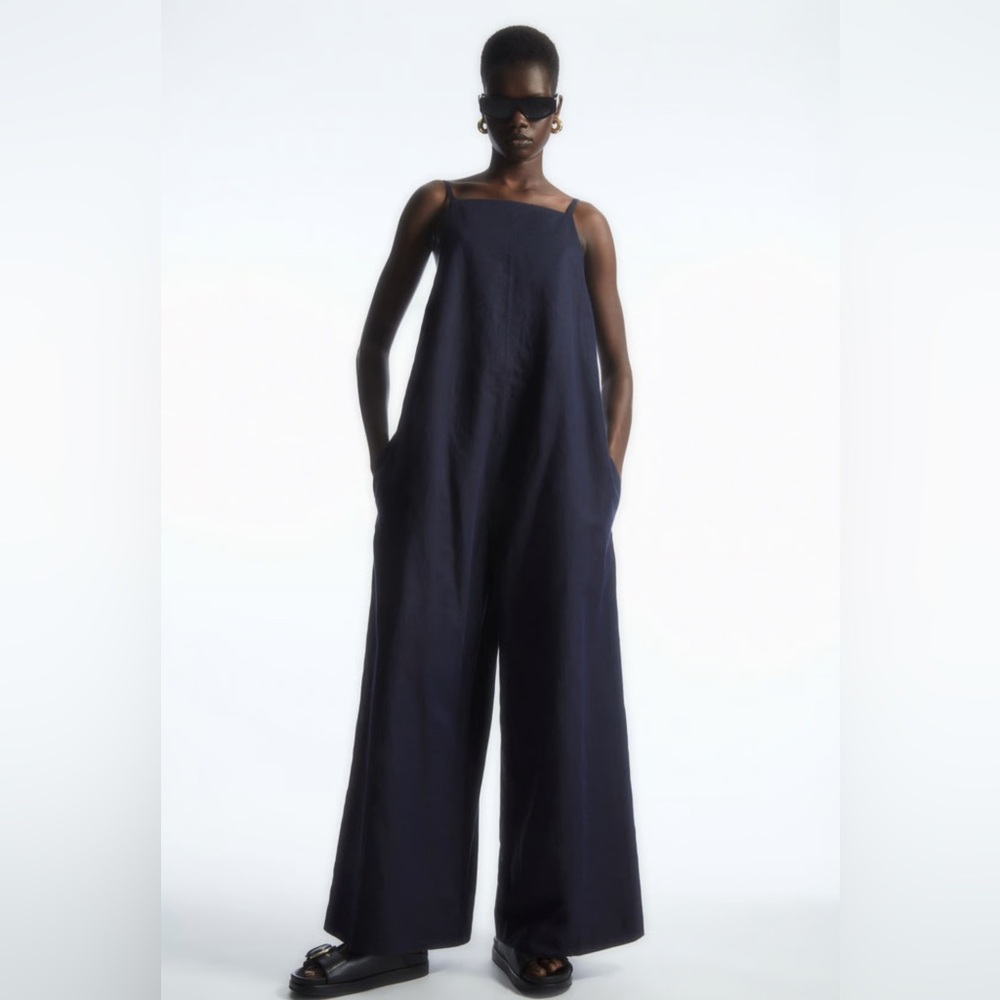COS || Tie-Detail Linen Jumpsuit Wide Leg Shoulder Bows Navy Blue XS